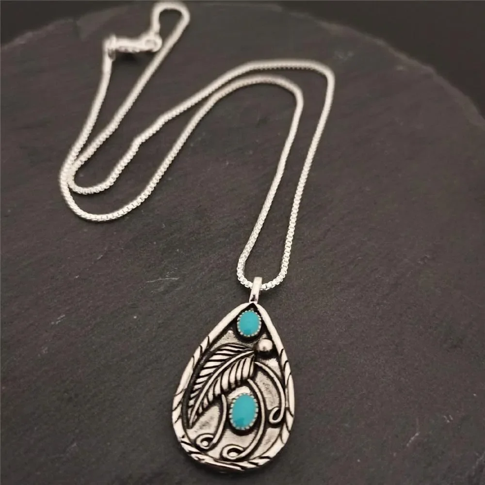 Western Necklace Turquoise Feather Charm Pendant Silver Tone NWOT